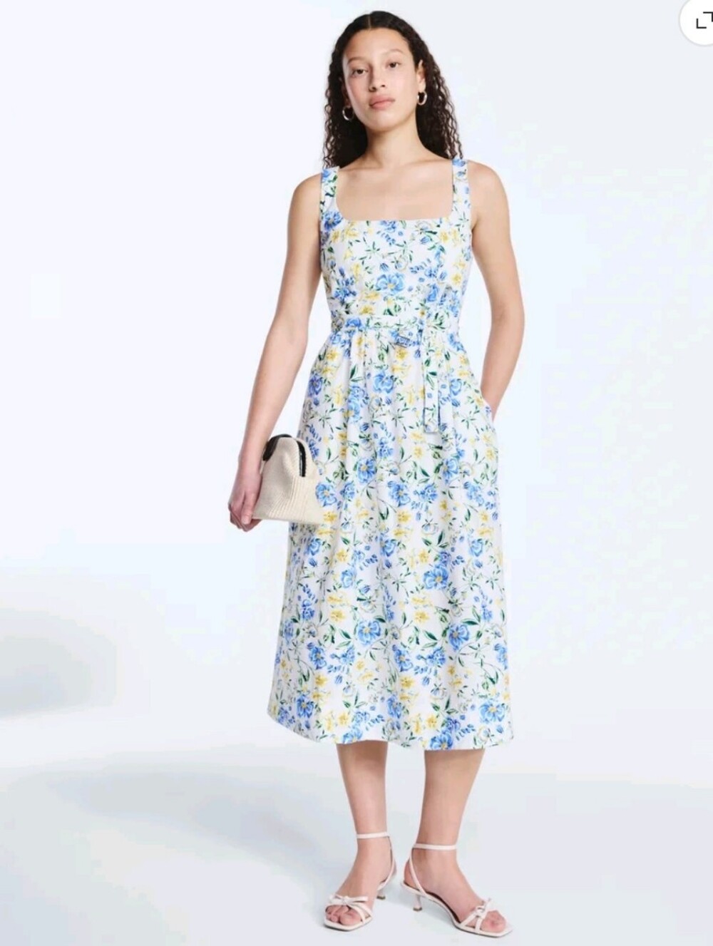 Free Assembly Floral Midi Sundress in White with Blue & Yellow Flowers-sz XL